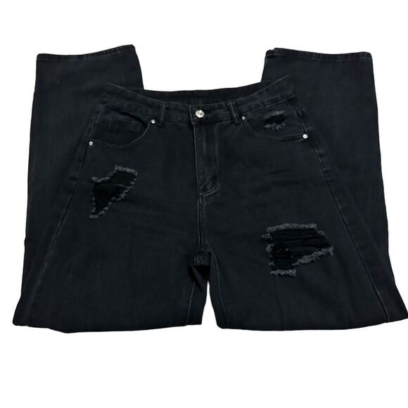 Zara Wide Leg Black Holes Hi Waisted Casual Punk Relaxed Oversized Denim Jeans - Picture 6 of 7